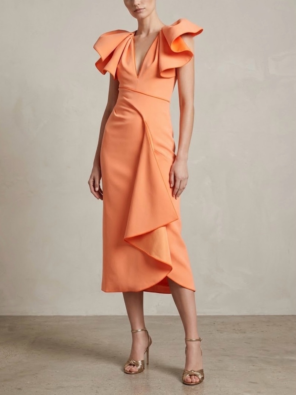 ACLER Redwood Gathered Ruffle Midi Dress Papaya Orange US 2 AU 6 NWT